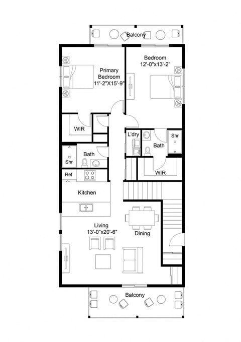 Floor plan for 2 beds, 2 baths, 1111 sqft